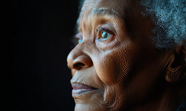 Elderly woman in a memory care unit looking into the distance with soft lighting on her face.