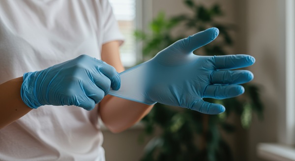 Person wearing blue medical gloves, pulling one glove onto their hand while standing indoors near a window with soft lighting.