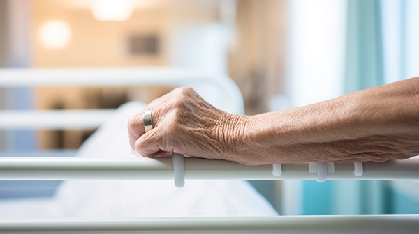 The wrinkled hand and arm of an elderly person, wearing a silver ring, rest on a white metal hospital bed rail in a brightly lit, soft-focus room.
