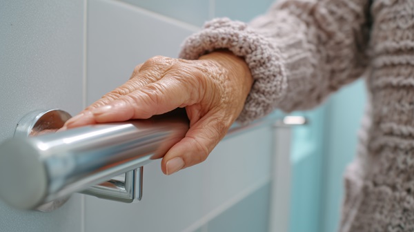 A close-up shot of a nursing home resident's hand gripping a silver metal grab bar mounted on a tiled bathroom wall.