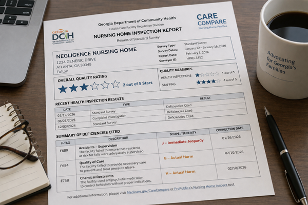 Nursing home inspection report for “Negligence Nursing Home” showing low CMS star rating, health inspection deficiencies, immediate jeopardy citations, and documented care violations.