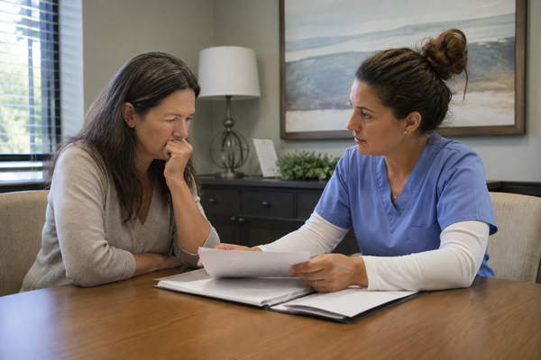 A concerned family member sits across a table from a nursing home staff member in scrubs who is reviewing a care plan document, depicting a care plan meeting between a resident's family and facility staff at a Georgia nursing home.
