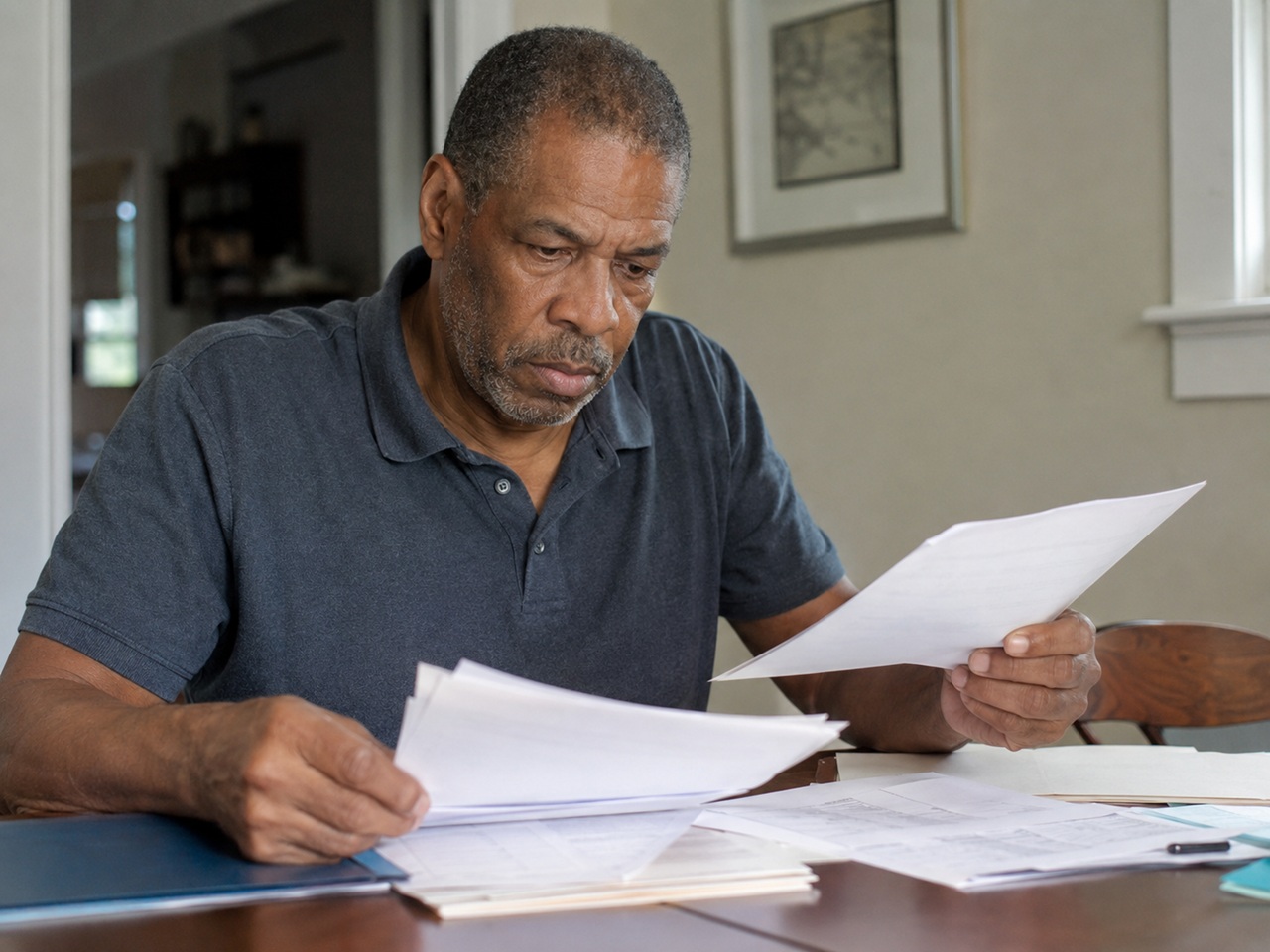 A concerned older man sits at a dining table deeply focused on reviewing a stack of medical charts and official records spread out in front of him.