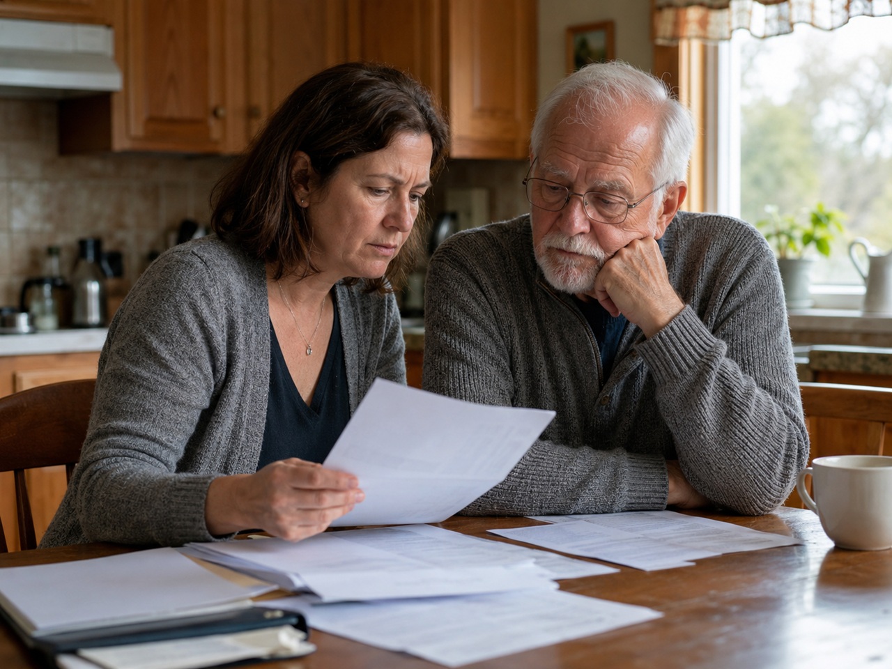 A middle-aged woman and an elderly man with glasses sit side by side at a wooden kitchen table, both looking down with deeply concerned and serious expressions as the woman holds up a document for them to review among a spread of other paperwork and files.