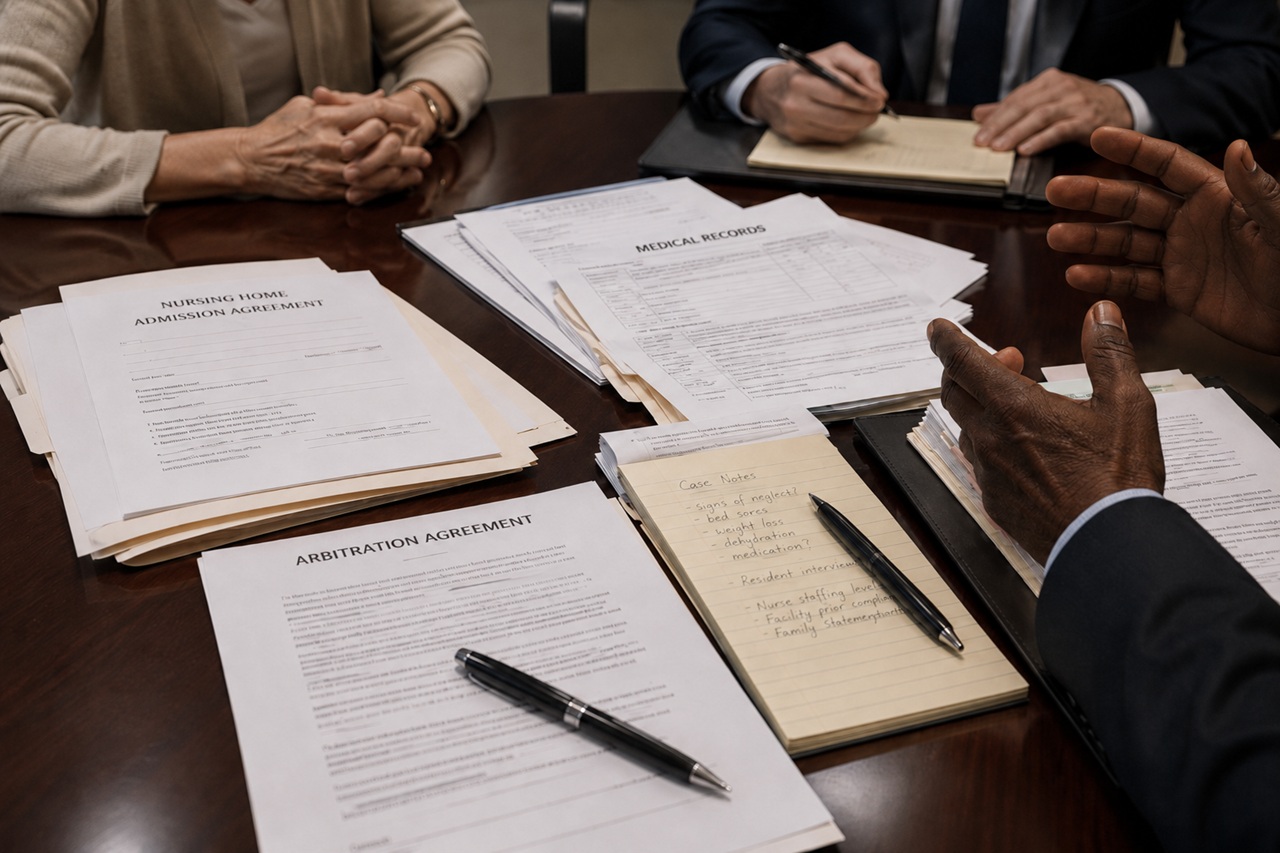 A close-up view of a fountain pen resting on a detailed legal contract containing a "Voluntary Binding Arbitration Agreement" section, representing the legal implications, consumer rights, and waiver of jury trials involving Georgia nursing home admission paperwork.