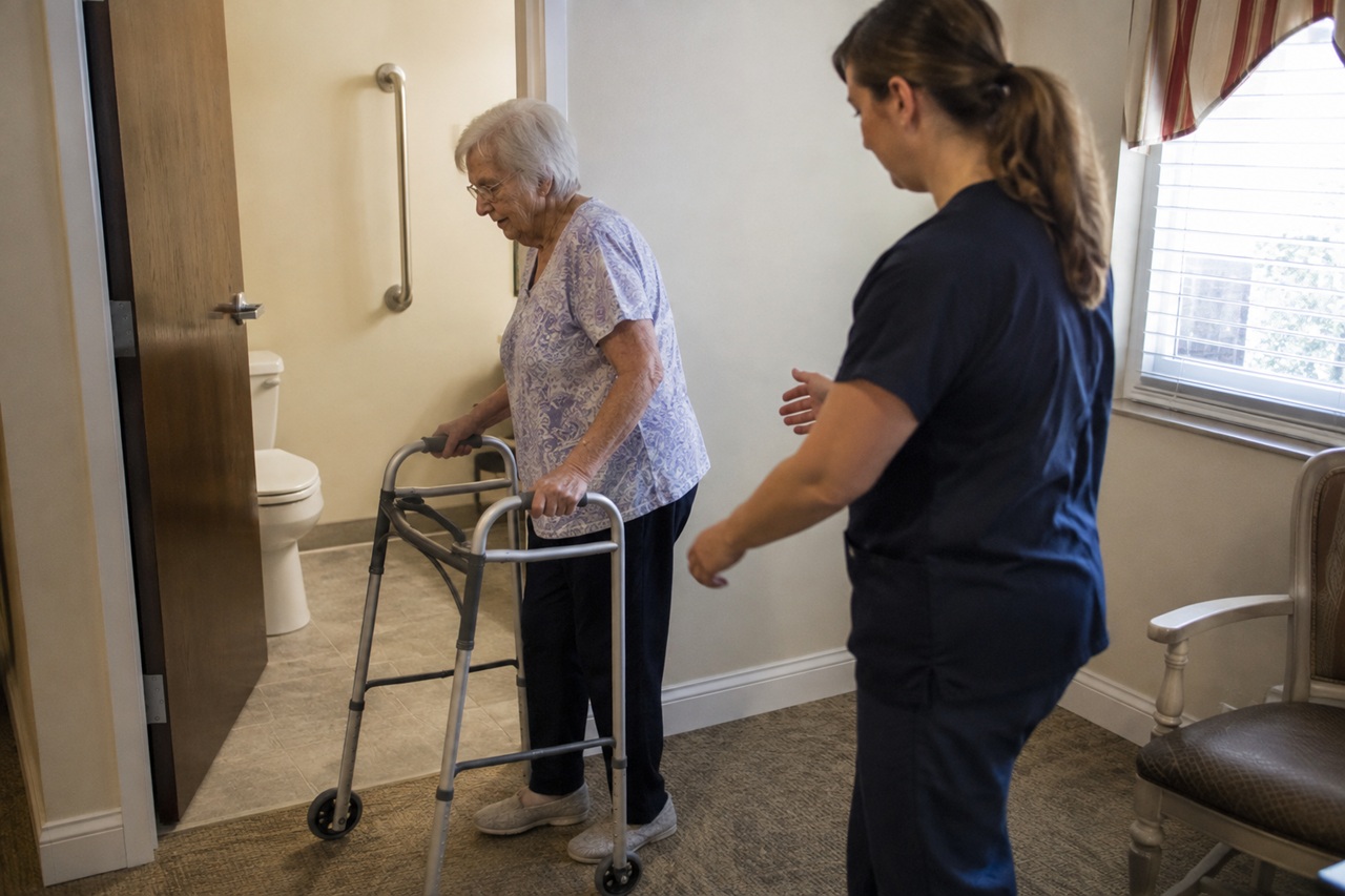 An elderly woman grips a walker as she moves toward a bathroom doorway in an assisted living facility room while a caregiver in scrubs stands close behind with an arm extended to assist, depicting the type of supervised ambulation scenario where inadequate staffing, improper transfer assistance, or fall prevention failures can expose an assisted living facility to liability when a resident is injured.