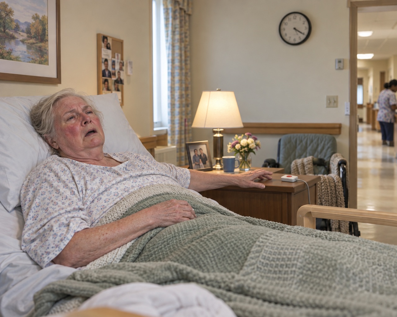 Elderly nursing home resident struggles to breathe while staff remain distracted outside her room.