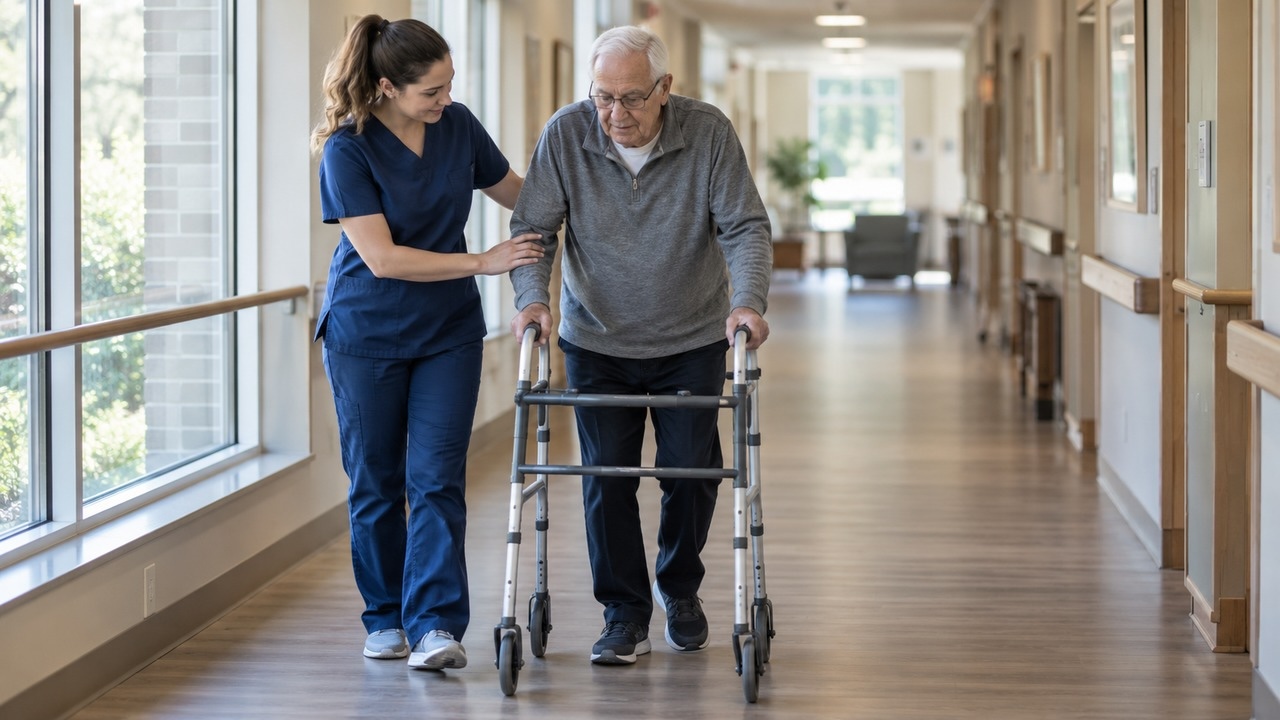 Physical therapist helping an older man walk with a rolling walker through a skilled nursing facility rehabilitation hallway.